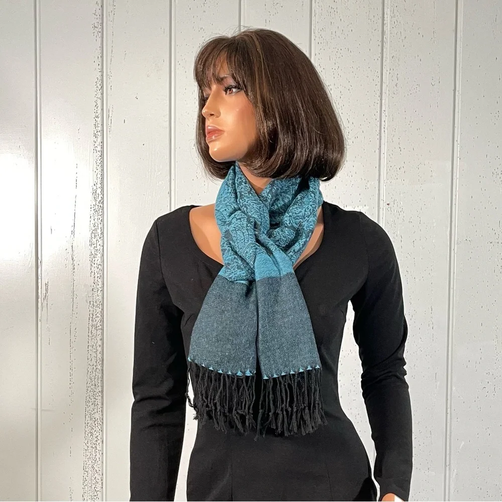 Women's Blue & Black Paisley Print Shawl Scarf with Fringe